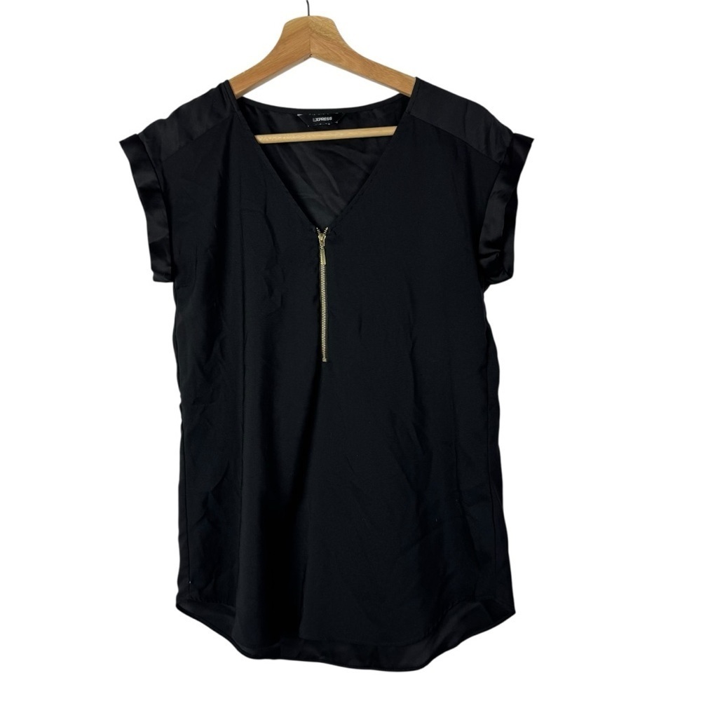 Express Black Satin Gold Zip Front Short Sleeve Top S - Picture 2 of 4